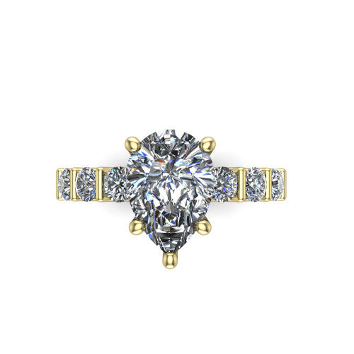 Liora pear solitaire engagement ring in 14K Yellow Gold, top-down view showing the pear center diamond and bar-set side accents