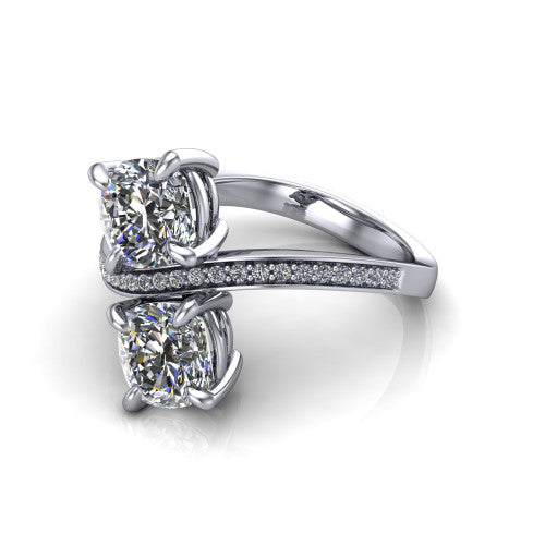 Elowen cushion two stone engagement ring in 18K White Gold, three-quarter perspective showing two cushion diamonds on a pave bypass band