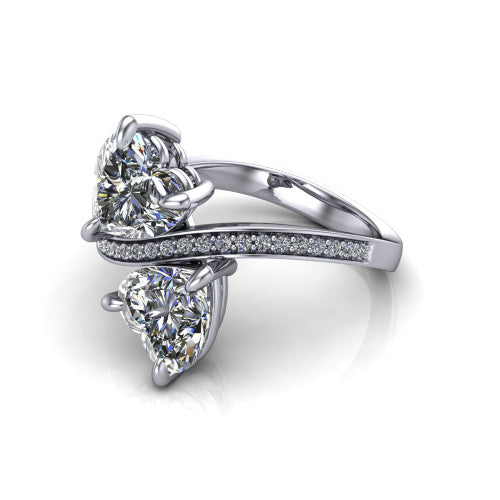 Elowen heart two stone engagement ring in 14K White Gold, three-quarter perspective showing two heart diamonds on a pave bypass band