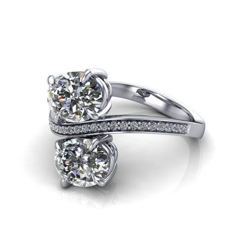 Elowen oval two stone engagement ring in 14K White Gold, three-quarter perspective showing two oval diamonds on a pave bypass band