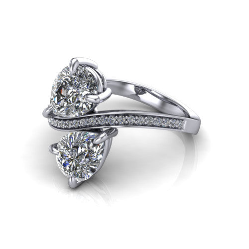 Elowen pear two stone engagement ring in 18K White Gold, three-quarter perspective showing two pear diamonds on a pave bypass band