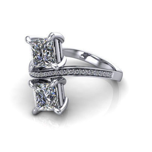 Elowen princess two stone engagement ring in Platinum, three-quarter perspective showing two princess diamonds on a pave bypass band