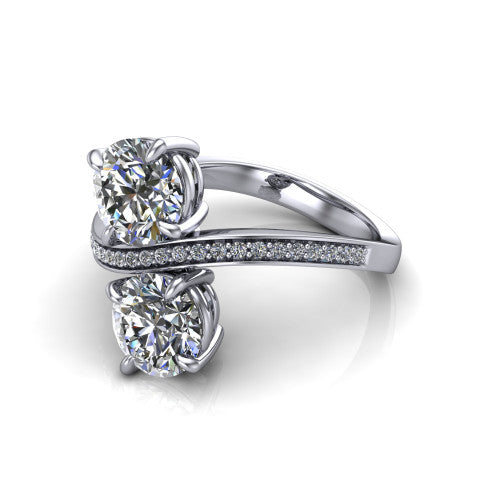 Elowen round two stone engagement ring in 14K White Gold, three-quarter perspective showing two round diamonds on a pave bypass band