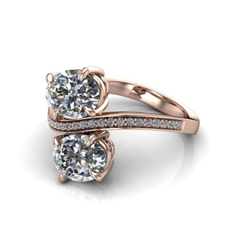 Elowen oval two stone engagement ring in 18K Rose Gold, three-quarter perspective showing two oval diamonds on a pave bypass band