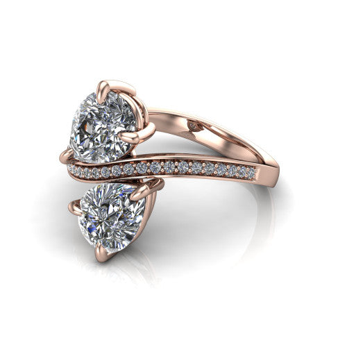Elowen pear two stone engagement ring in 14K Rose Gold, three-quarter perspective showing two pear diamonds on a pave bypass band