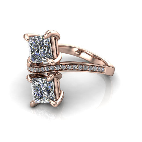 Elowen princess two stone engagement ring in 18K Rose Gold, three-quarter perspective showing two princess diamonds on a pave bypass band
