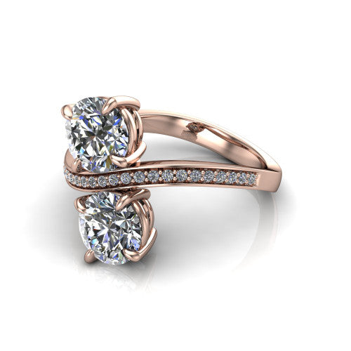 Elowen round two stone engagement ring in 18K Rose Gold, three-quarter perspective showing two round diamonds on a pave bypass band