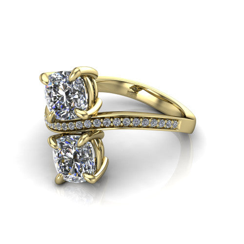 Elowen cushion two stone engagement ring in 14K Yellow Gold, three-quarter perspective showing two cushion diamonds on a pave bypass band