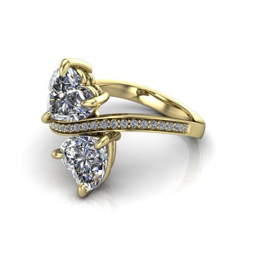 Elowen heart two stone engagement ring in 14K Yellow Gold, three-quarter perspective showing two heart diamonds on a pave bypass band