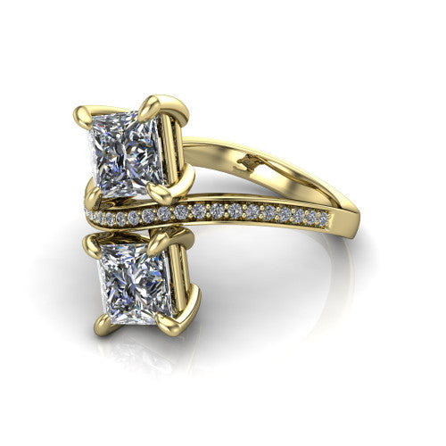 Elowen princess two stone engagement ring in 14K Yellow Gold, three-quarter perspective showing two princess diamonds on a pave bypass band