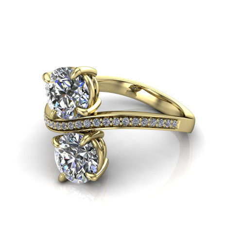 Elowen round two stone engagement ring in 18K Yellow Gold, three-quarter perspective showing two round diamonds on a pave bypass band