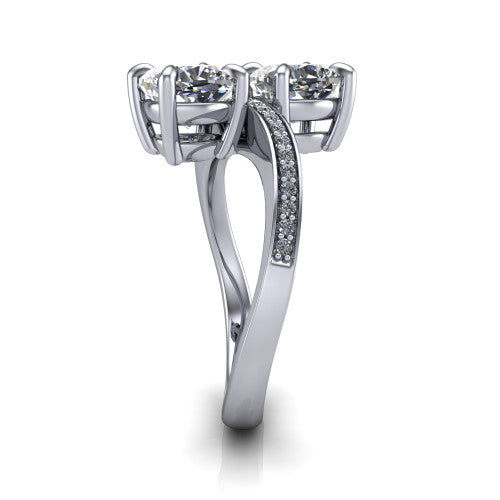Elowen cushion two stone engagement ring in 14K White Gold, side profile showing the Toi et Moi pave bypass design