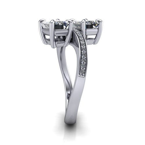 Elowen emerald two stone engagement ring in Platinum, side profile showing the Toi et Moi pave bypass design
