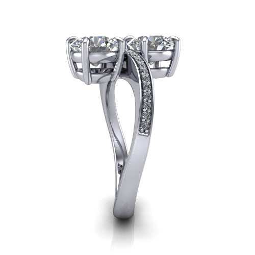 Elowen round two stone engagement ring in Platinum, side profile showing the Toi et Moi pave bypass design