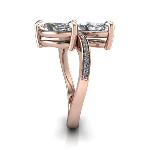 Elowen marquise two stone engagement ring in 14K Rose Gold, side profile showing the Toi et Moi pave bypass design