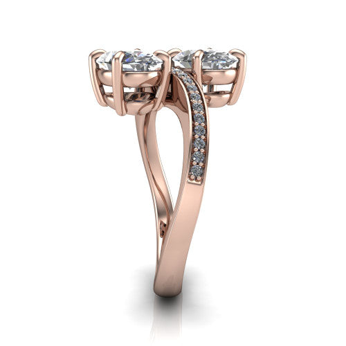 Elowen oval two stone engagement ring in 14K Rose Gold, side profile showing the Toi et Moi pave bypass design