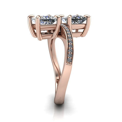 Elowen princess two stone engagement ring in 14K Rose Gold, side profile showing the Toi et Moi pave bypass design