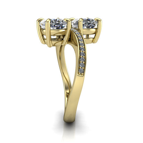 Elowen cushion two stone engagement ring in 14K Yellow Gold, side profile showing the Toi et Moi pave bypass design