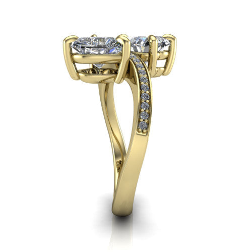 Elowen heart two stone engagement ring in 14K Yellow Gold, side profile showing the Toi et Moi pave bypass design