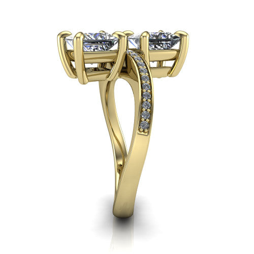 Elowen princess two stone engagement ring in 14K Yellow Gold, side profile showing the Toi et Moi pave bypass design