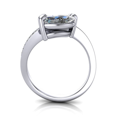 Elowen marquise two stone engagement ring in 18K White Gold, through-finger front profile showing the pave bypass band