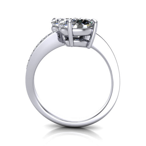 Elowen oval two stone engagement ring in 18K White Gold, through-finger front profile showing the pave bypass band