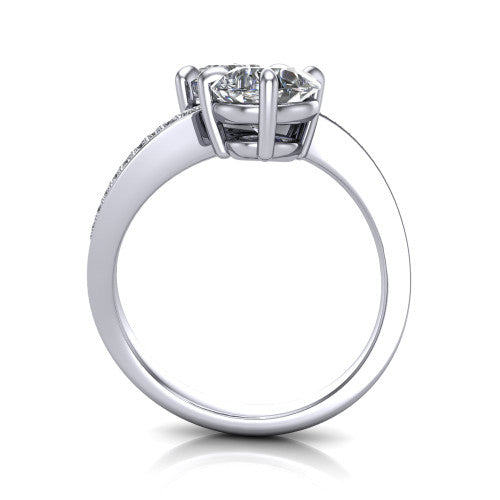Elowen pear two stone engagement ring in 14K White Gold, through-finger front profile showing the pave bypass band