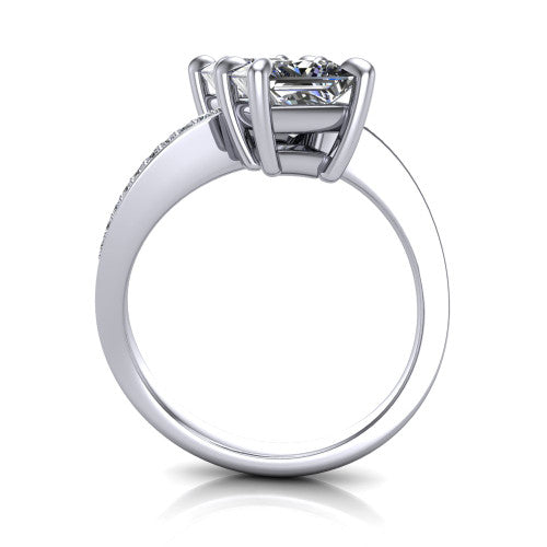 Elowen princess two stone engagement ring in Platinum, through-finger front profile showing the pave bypass band