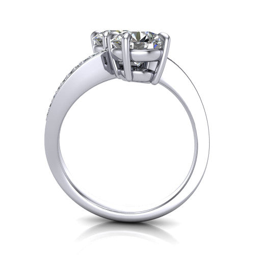Elowen round two stone engagement ring in 18K White Gold, through-finger front profile showing the pave bypass band