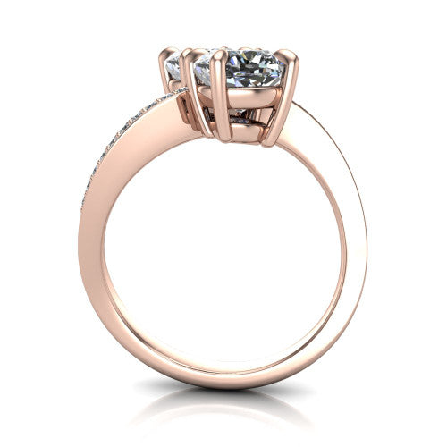 Elowen cushion two stone engagement ring in 18K Rose Gold, through-finger front profile showing the pave bypass band