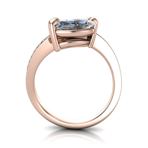 Elowen marquise two stone engagement ring in 18K Rose Gold, through-finger front profile showing the pave bypass band