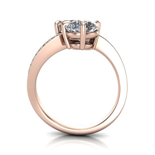 Elowen pear two stone engagement ring in 14K Rose Gold, through-finger front profile showing the pave bypass band