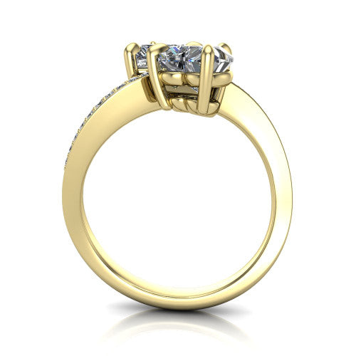 Elowen heart two stone engagement ring in 18K Yellow Gold, through-finger front profile showing the pave bypass band