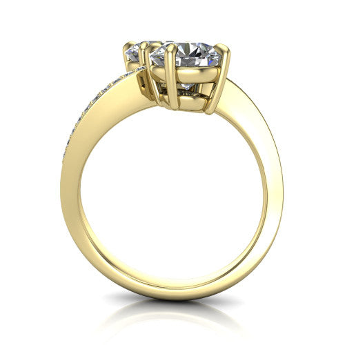 Elowen round two stone engagement ring in 14K Yellow Gold, through-finger front profile showing the pave bypass band