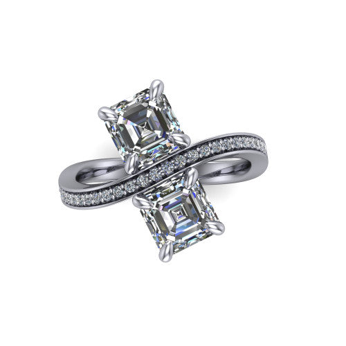 Elowen square emerald two stone engagement ring in Platinum, top-down view showing the two square emerald diamonds set diagonally