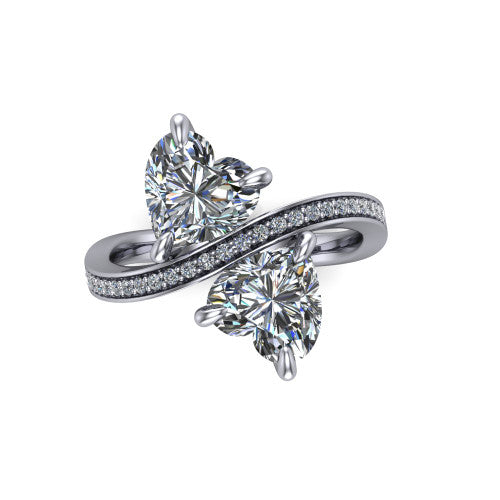 Elowen heart two stone engagement ring in 14K White Gold, top-down view showing the two heart diamonds set diagonally