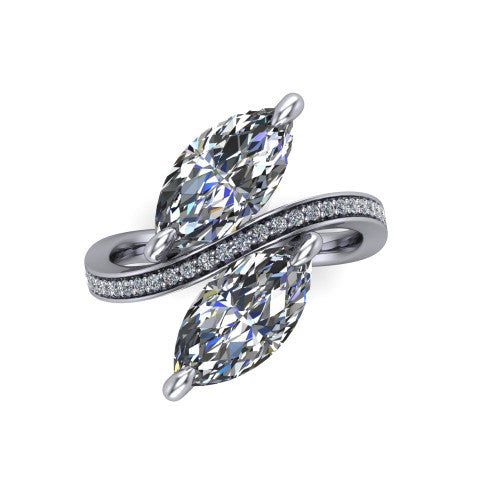 Elowen marquise two stone engagement ring in Platinum, top-down view showing the two marquise diamonds set diagonally