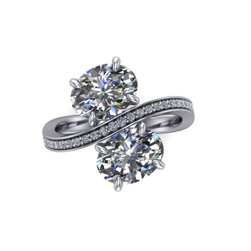 Elowen oval two stone engagement ring in 18K White Gold, top-down view showing the two oval diamonds set diagonally