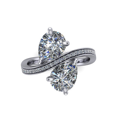 Elowen pear two stone engagement ring in Platinum, top-down view showing the two pear diamonds set diagonally