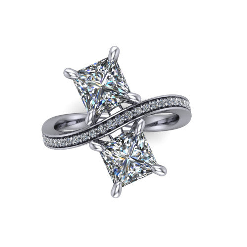 Elowen princess two stone engagement ring in 14K White Gold, top-down view showing the two princess diamonds set diagonally