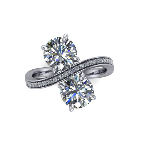 Elowen round two stone engagement ring in 14K White Gold, top-down view showing the two round diamonds set diagonally