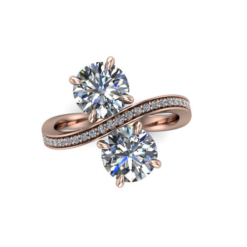 Elowen round two stone engagement ring in 14K Rose Gold, top-down view showing the two round diamonds set diagonally