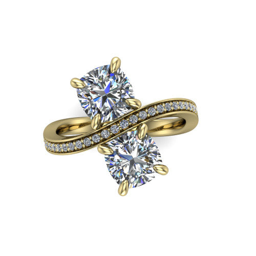 Elowen cushion two stone engagement ring in 18K Yellow Gold, top-down view showing the two cushion diamonds set diagonally