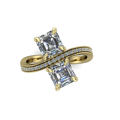 Elowen square emerald two stone engagement ring in 14K Yellow Gold, top-down view showing the two square emerald diamonds set diagonally