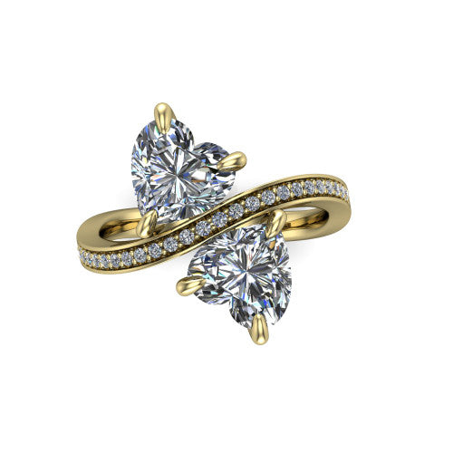 Elowen heart two stone engagement ring in 18K Yellow Gold, top-down view showing the two heart diamonds set diagonally