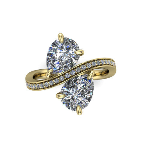 Elowen pear two stone engagement ring in 14K Yellow Gold, top-down view showing the two pear diamonds set diagonally