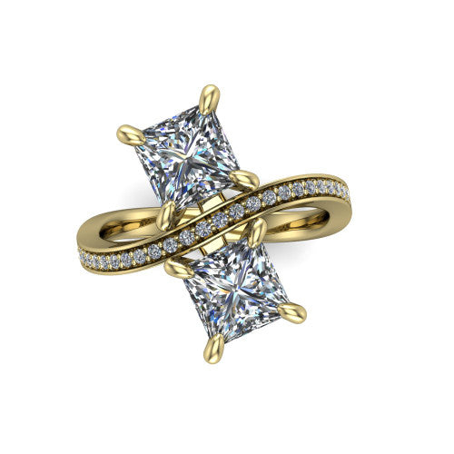 Elowen princess two stone engagement ring in 14K Yellow Gold, top-down view showing the two princess diamonds set diagonally