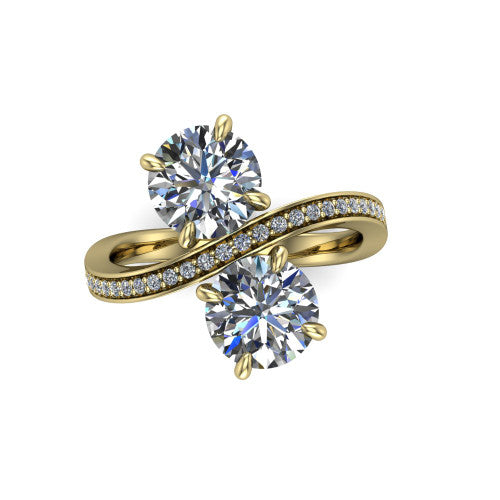 Elowen round two stone engagement ring in 14K Yellow Gold, top-down view showing the two round diamonds set diagonally