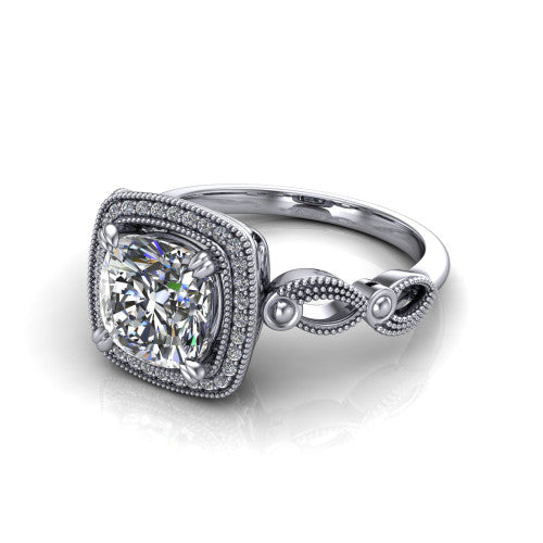 Phoenix cushion-cut vintage halo engagement ring in 18K White Gold, three-quarter perspective showing the cushion-cut center diamond, vintage cushion halo, and infinity-twist band