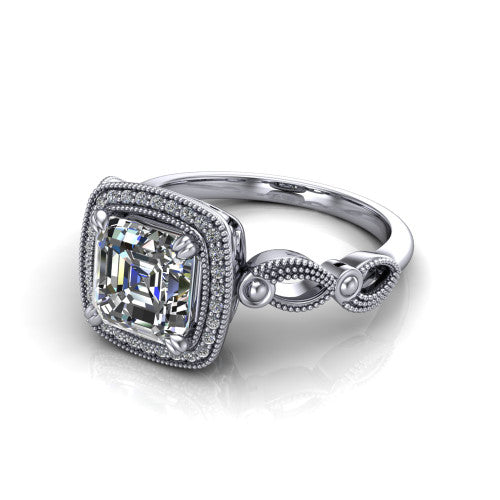 Phoenix square emerald-cut vintage halo engagement ring in Platinum, three-quarter perspective showing the square emerald-cut center diamond, vintage cushion halo, and infinity-twist band